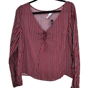 Hollister Burgundy and White Vertical Stripe Long-Sleeve Tee. Size M